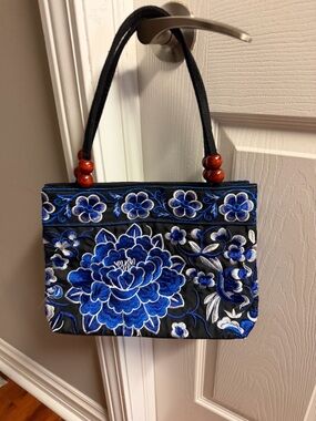 Embroidered Blue Floral Tote Bag for Women